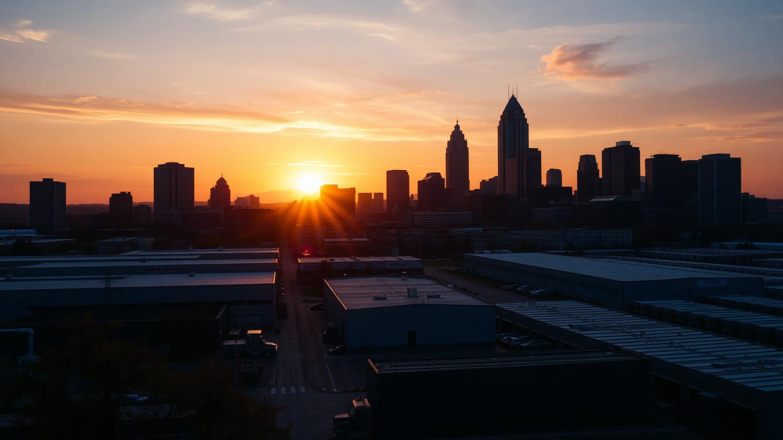 Dalton, Georgia manufacturing corridor at golden hour