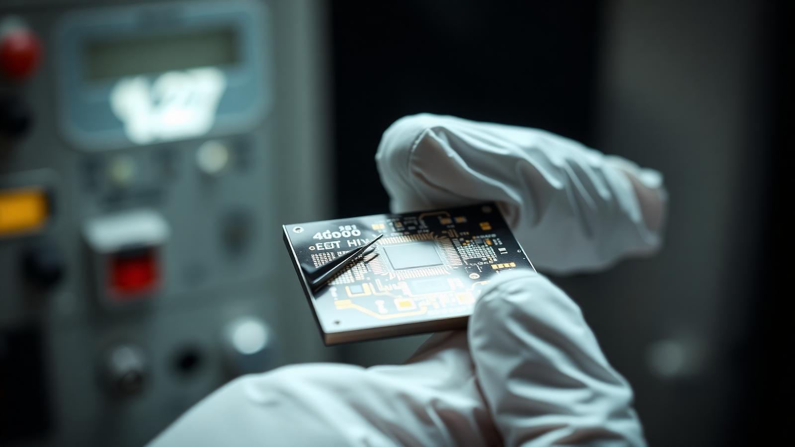 Close-up of a PCB assembly line with automated pick-and-place equipment