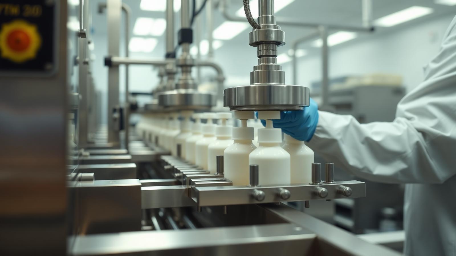 Operator at a filling line dispensing lotion bottles in a US cosmetics and personal care manufacturing plant