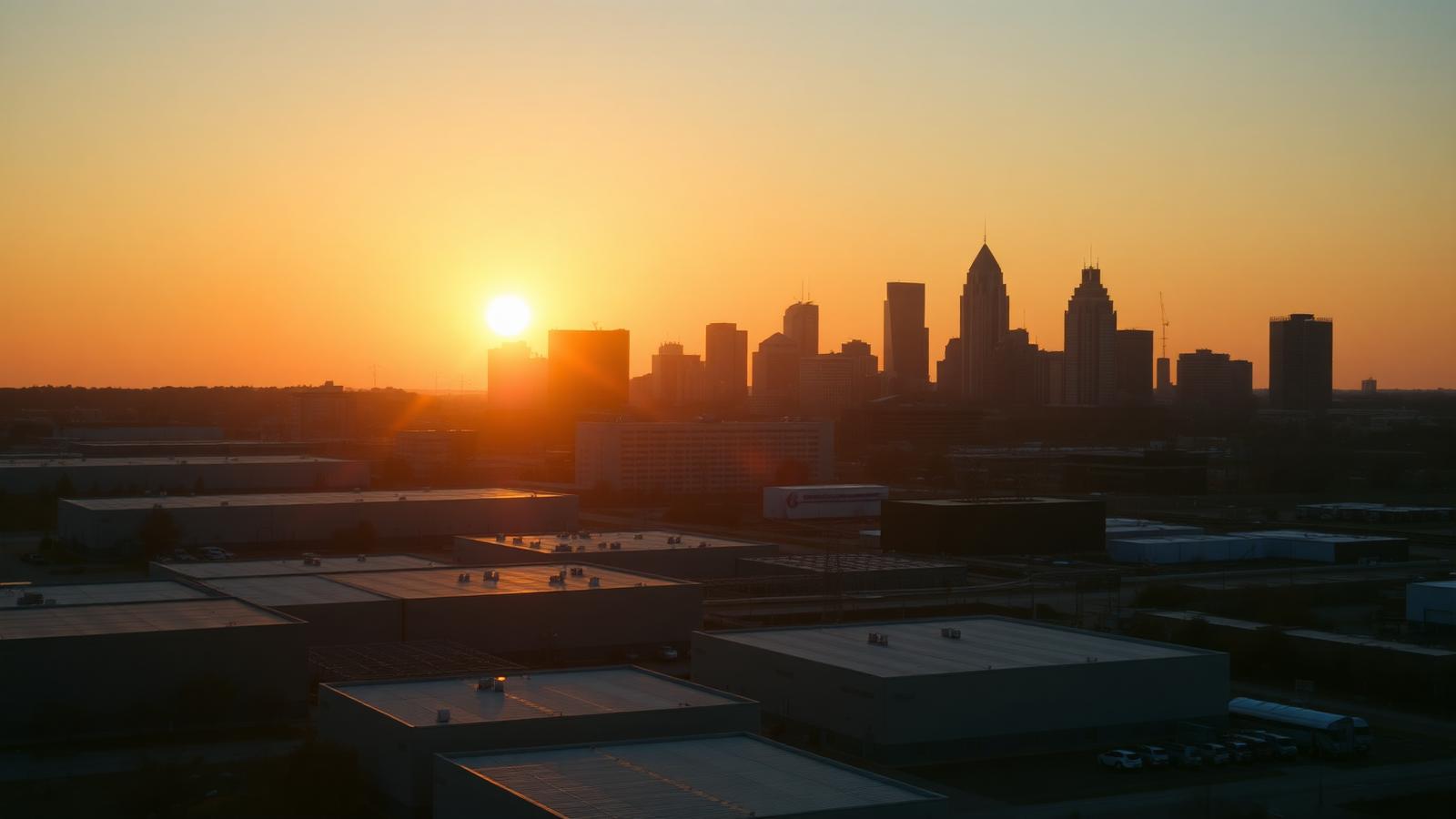 Columbus Ohio skyline at sunset with distribution warehouses