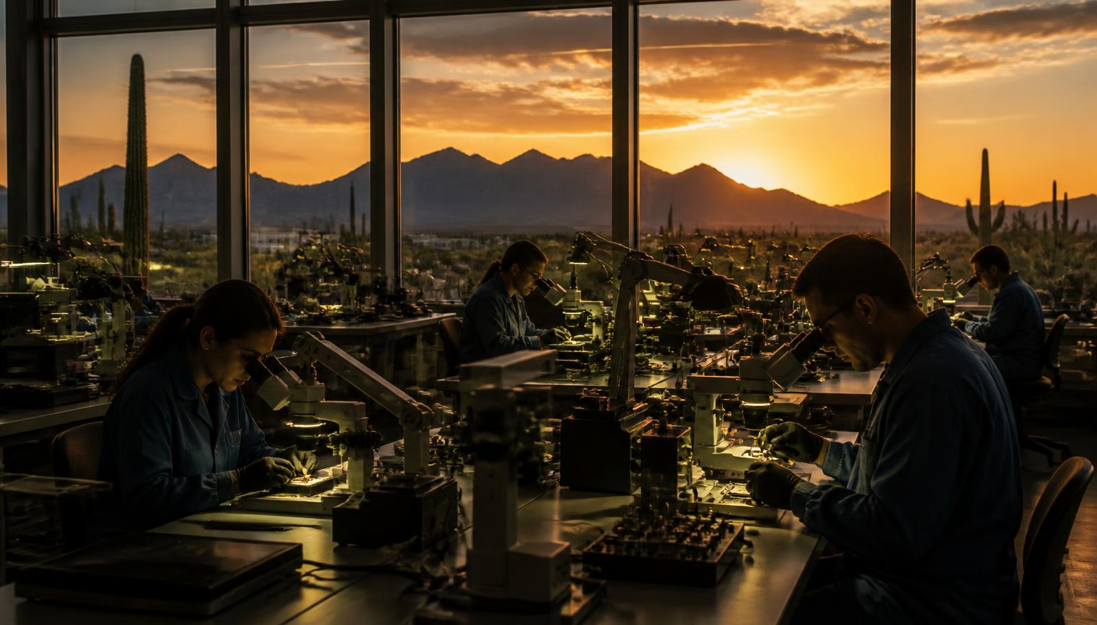 Tucson Arizona aerospace and defense manufacturing corridor at golden hour