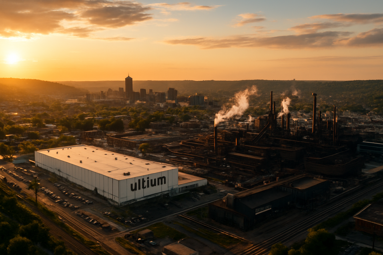 Youngstown Ohio manufacturing corridor at golden hour