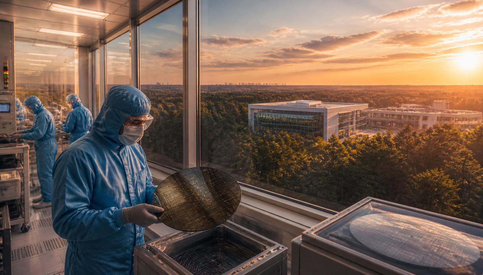 Raleigh-Durham Research Triangle biotech and semiconductor manufacturing corridor at golden hour