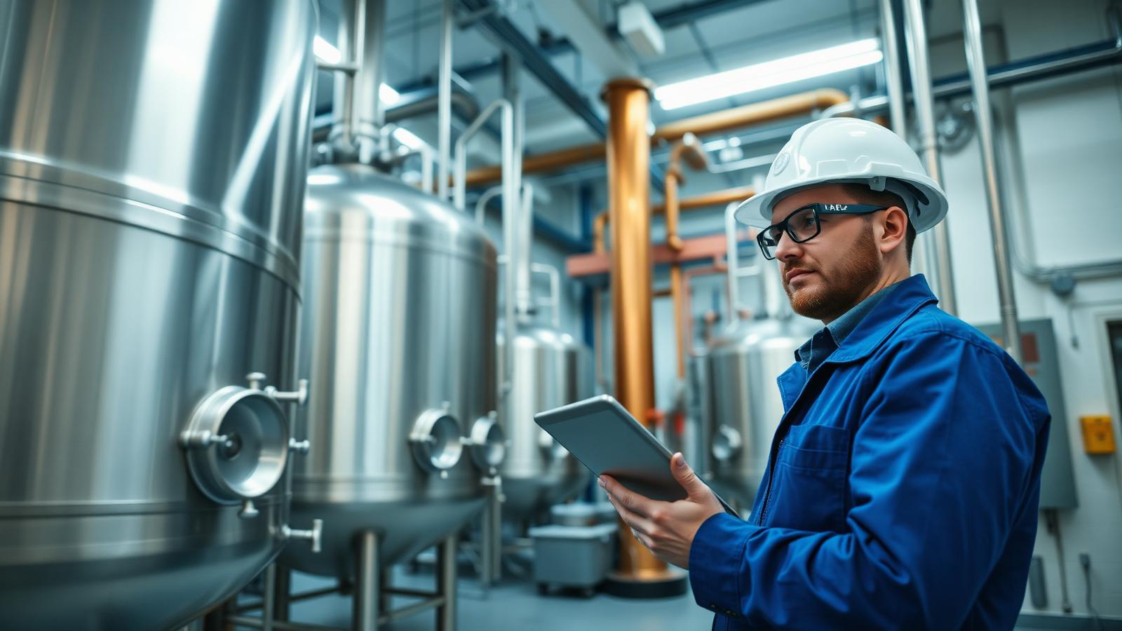 Operator in hard hat inspecting stainless reactor vessels in a US chemical manufacturing plant