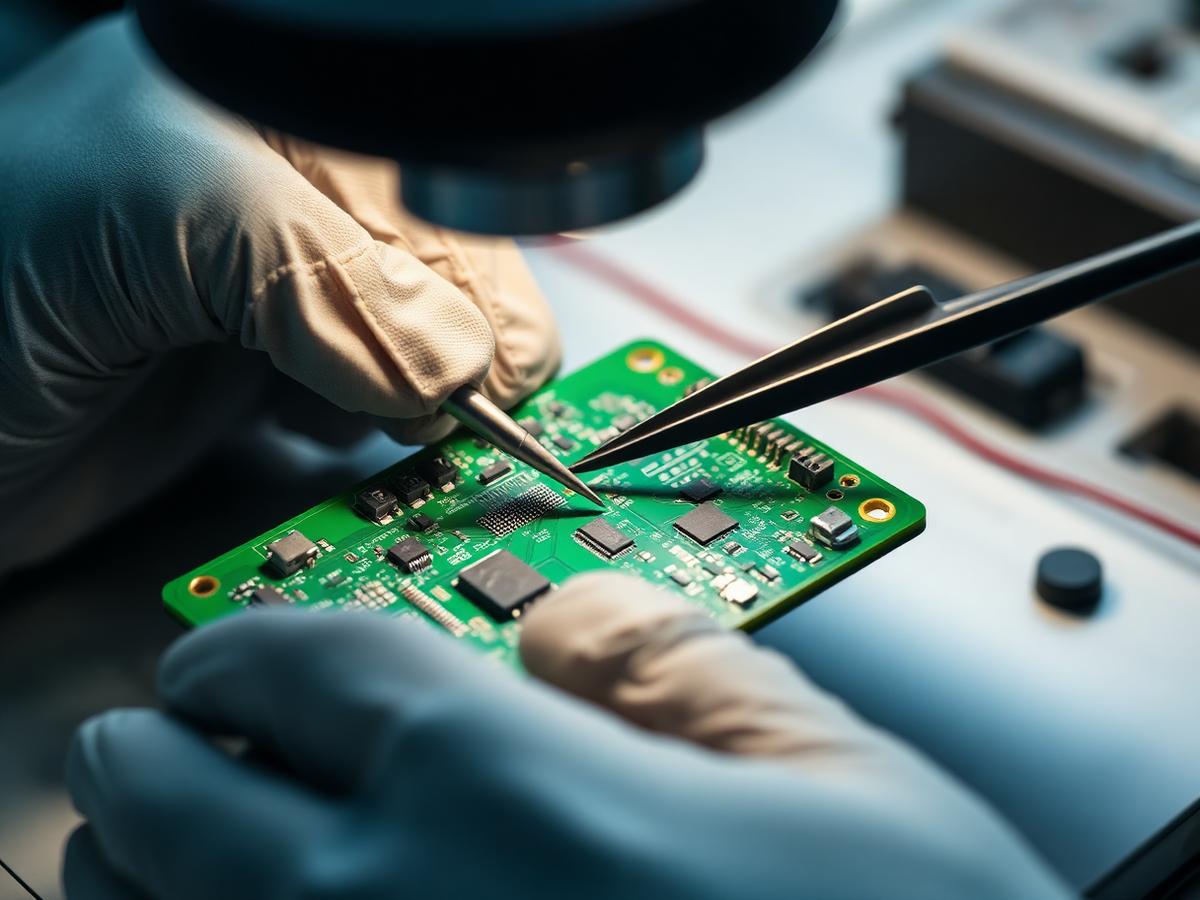Gloved hands inspecting a populated PCB under a magnifier