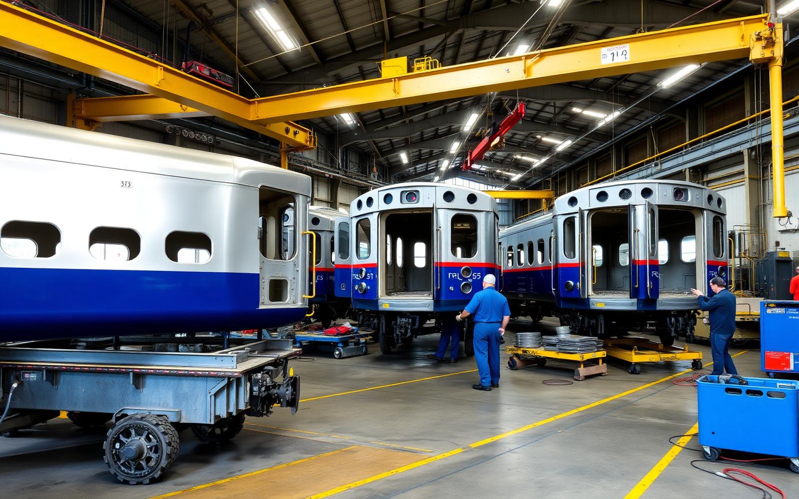 Rail car body under fabrication in a US transit equipment plant