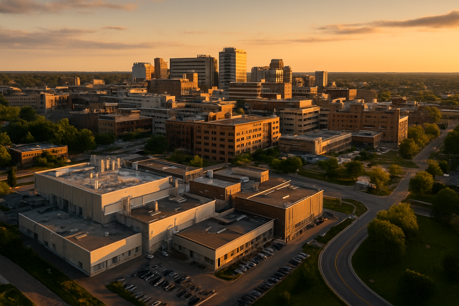 Rochester Minnesota medical device and electronics manufacturing corridor at golden hour