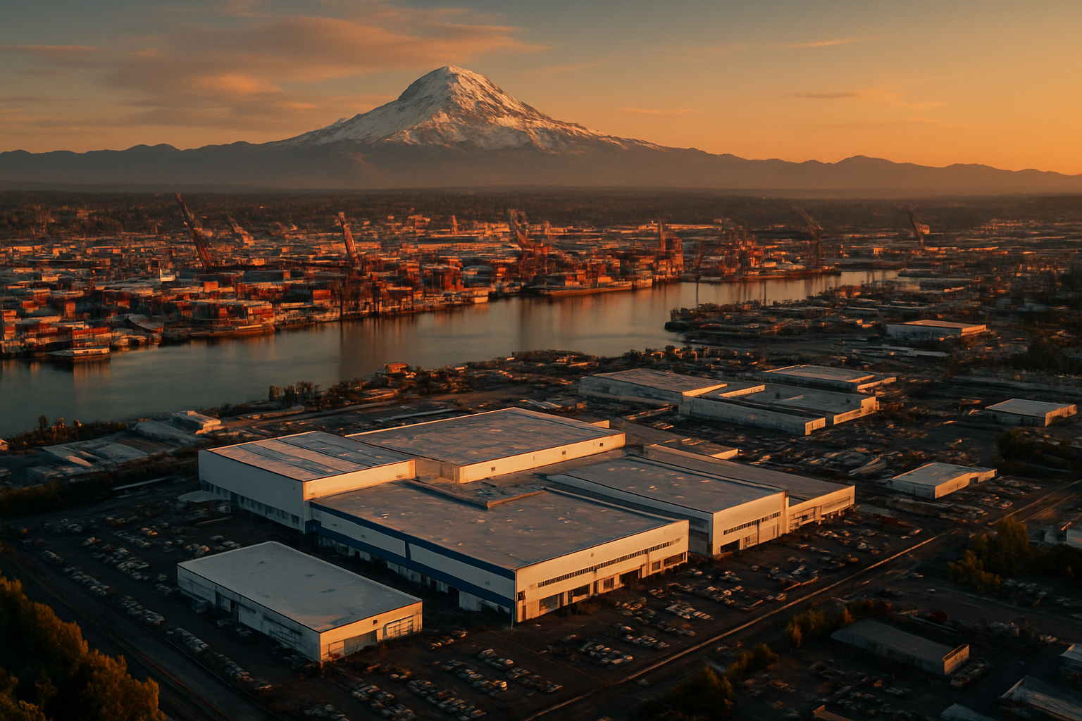 Tacoma Washington aerospace and defense manufacturing corridor at golden hour