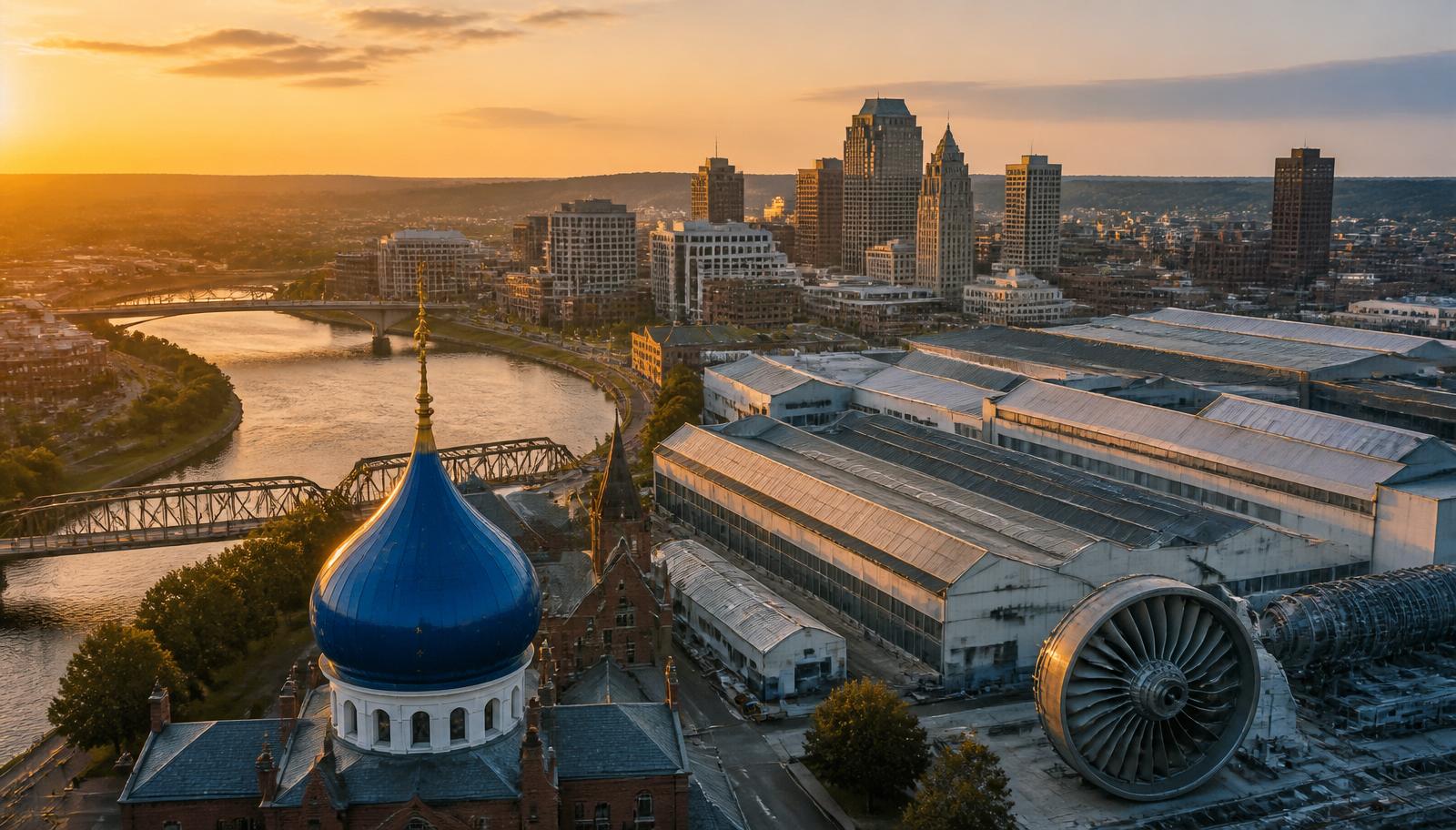 New Haven, Connecticut manufacturing corridor at golden hour