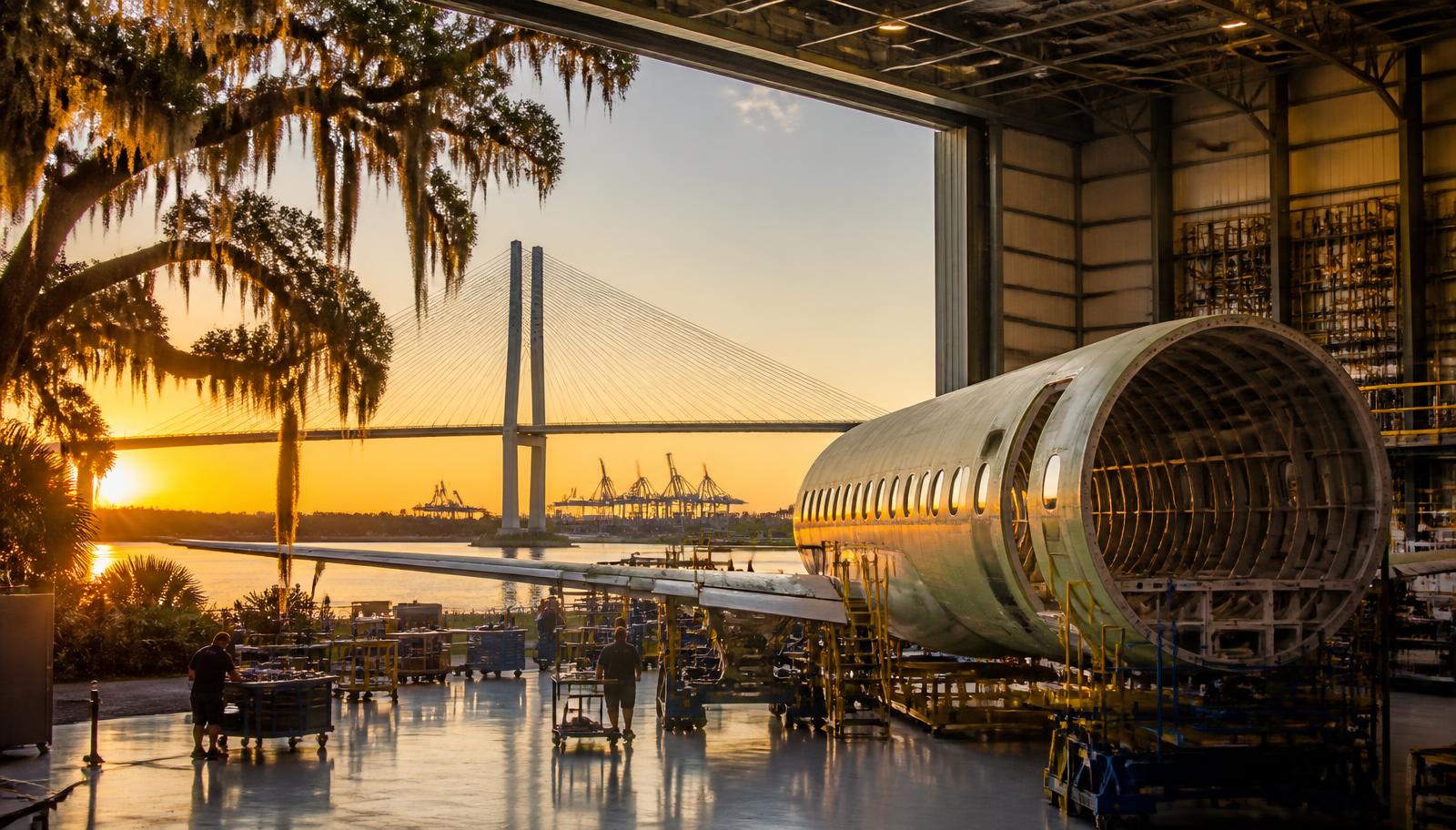 Savannah Georgia Hyundai Metaplant and Gulfstream aerospace corridor at golden hour
