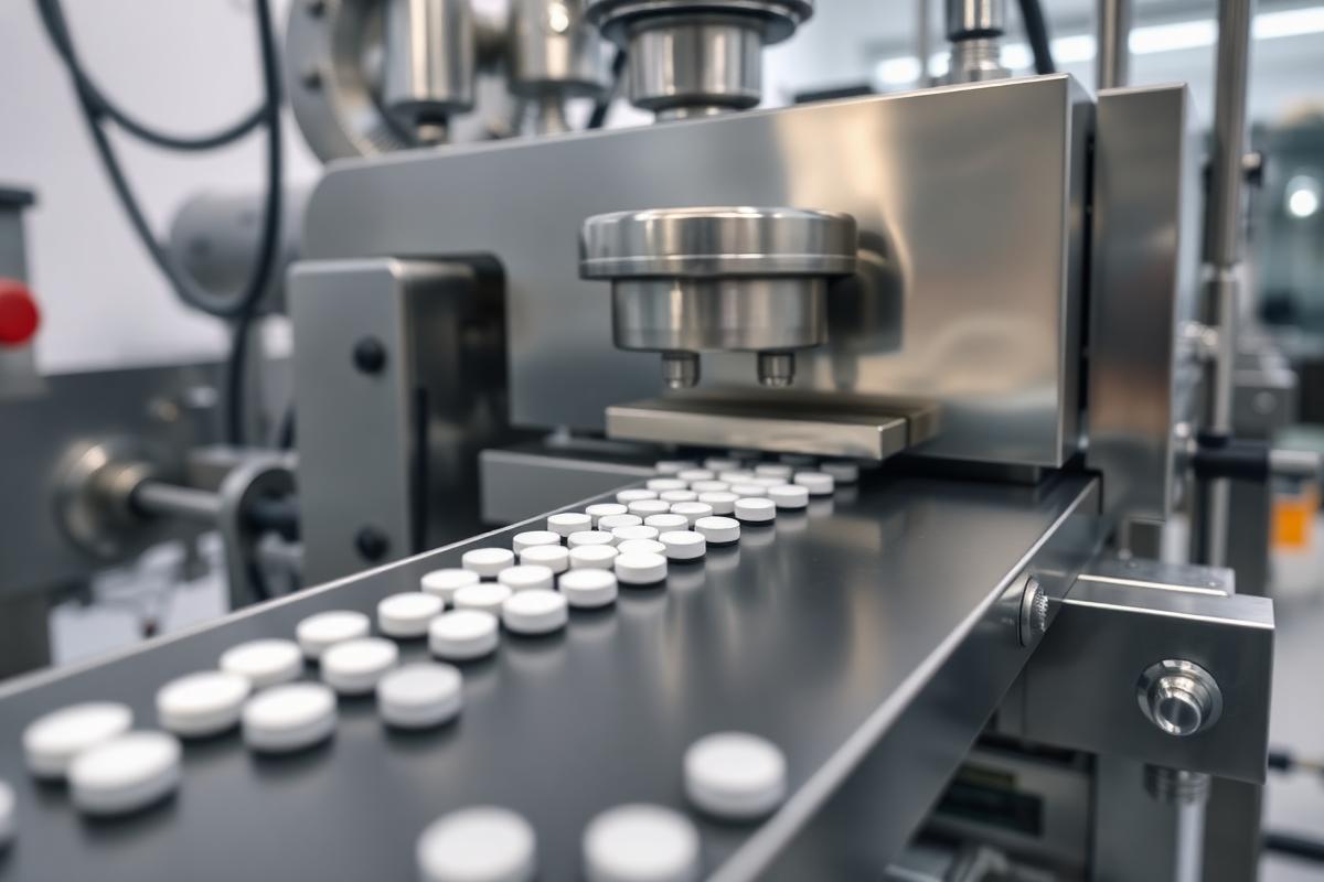 Tablet compression machine pressing pharmaceutical tablets on a conveyor