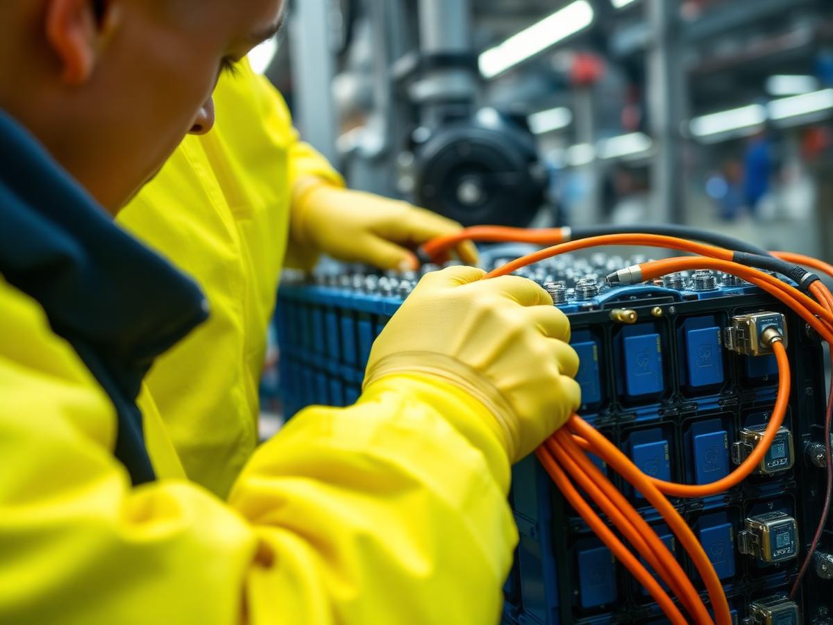 Worker assembling an EV battery pack with orange high-voltage cables