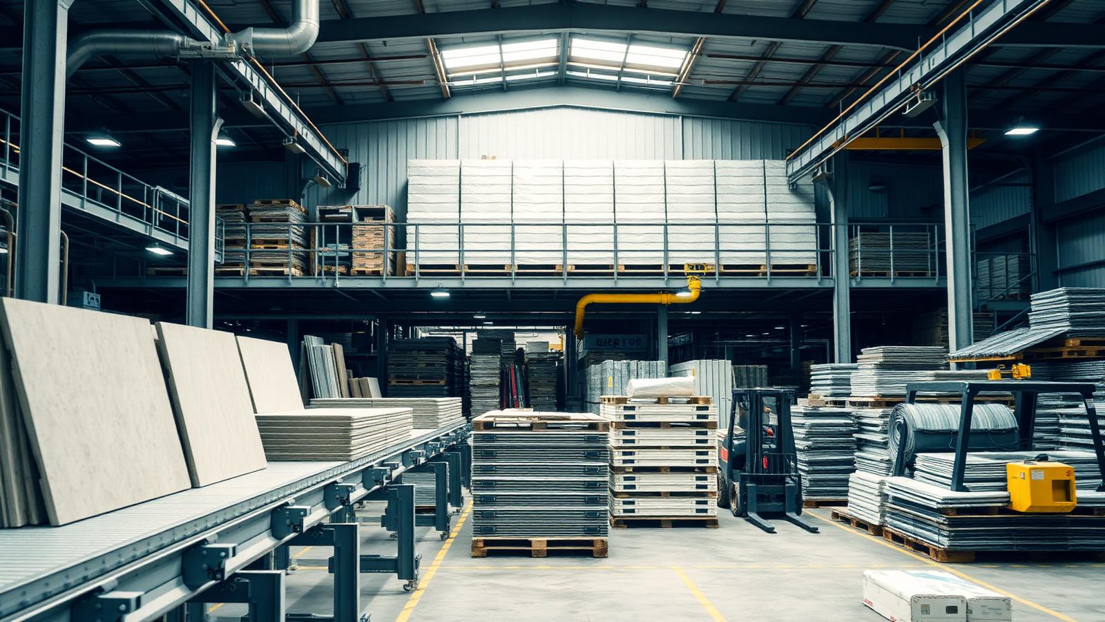 US building products plant with conveyor carrying drywall panels and concrete blocks