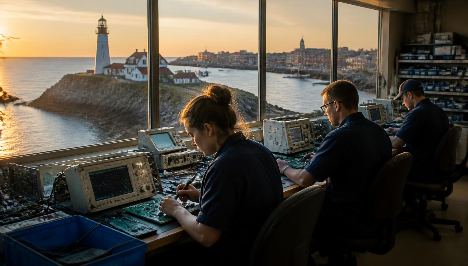 Lewiston–Auburn, Maine manufacturing corridor at golden hour