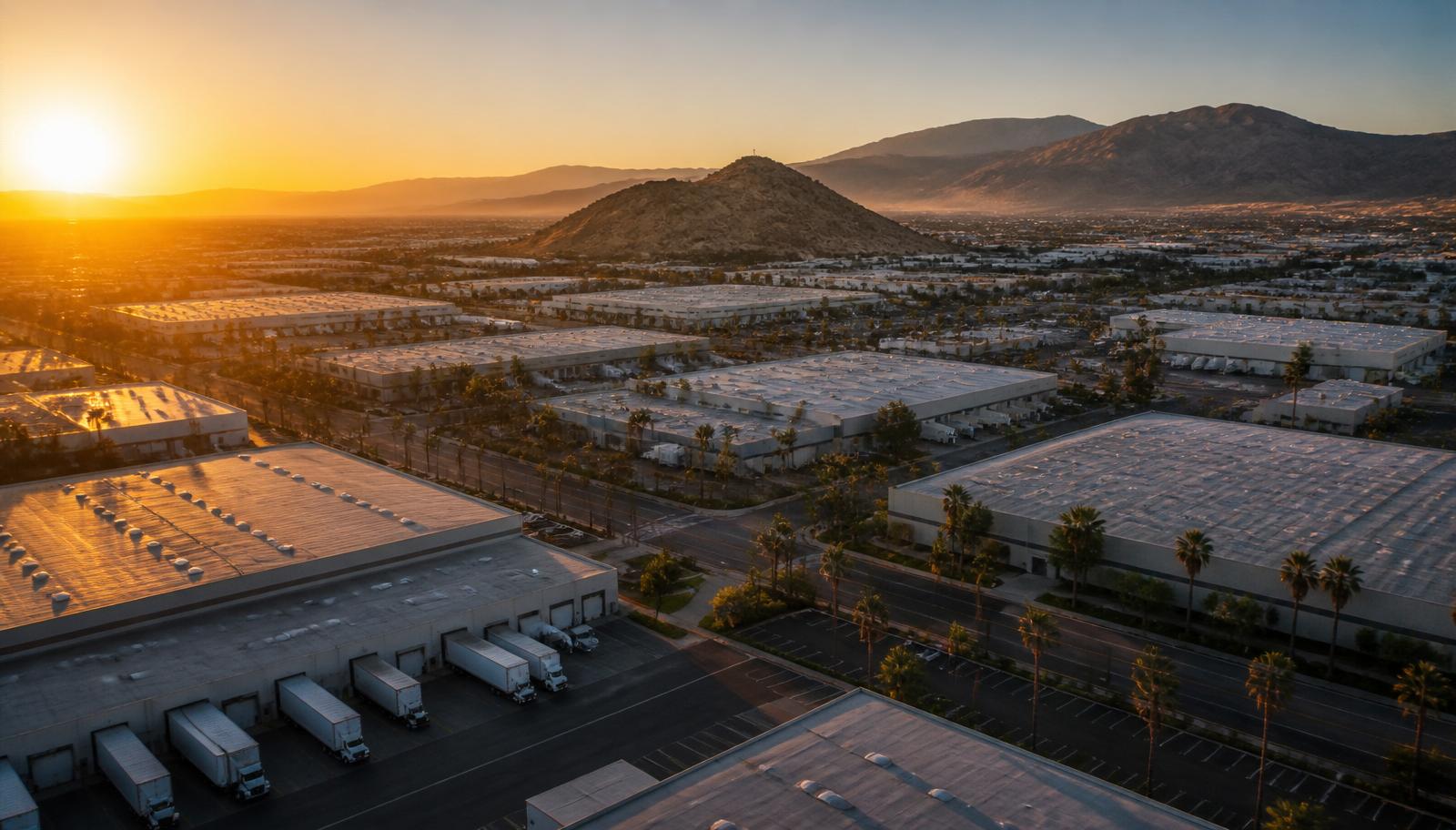 Riverside California manufacturing corridor at golden hour