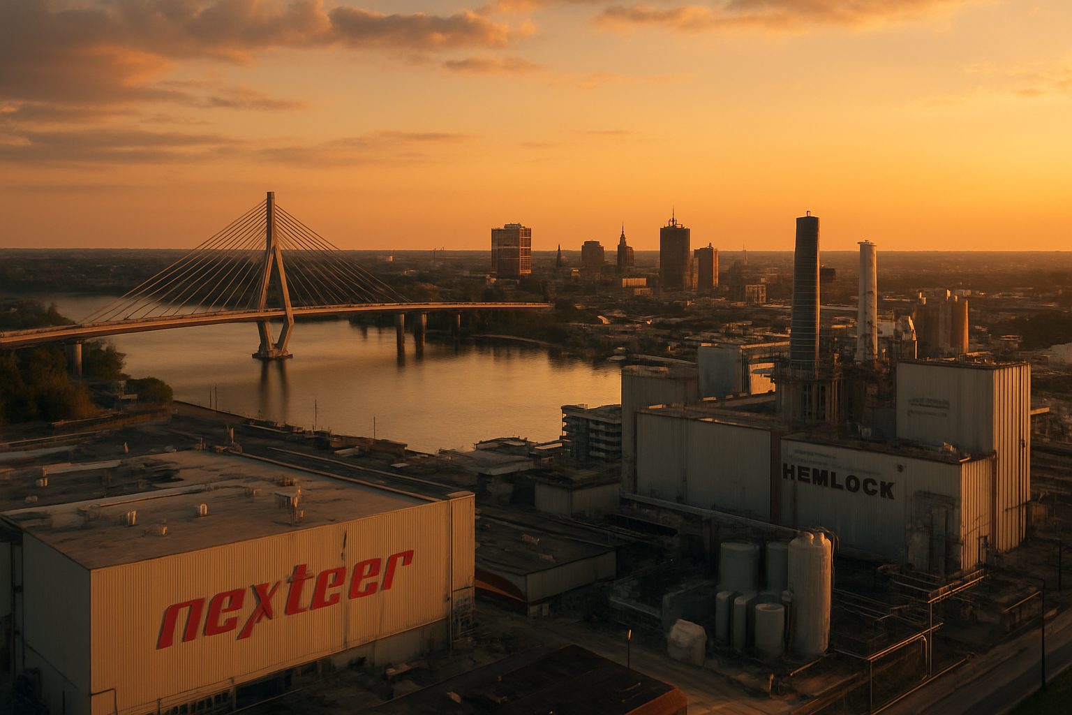 Saginaw Michigan manufacturing corridor at golden hour