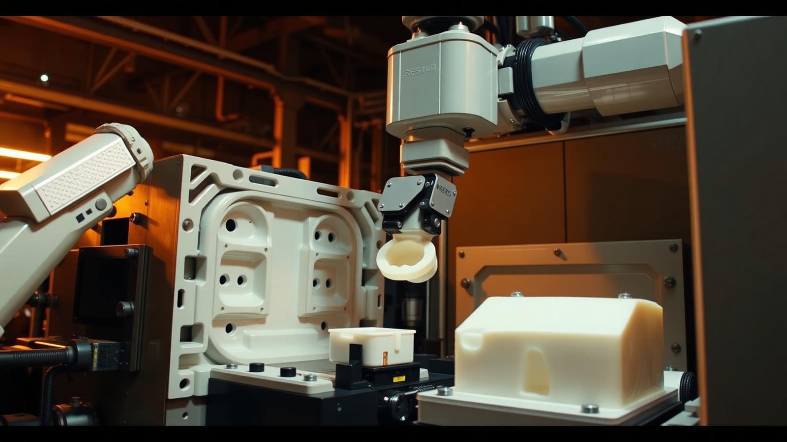 Injection molding press with robotic part removal in a plastics manufacturing plant