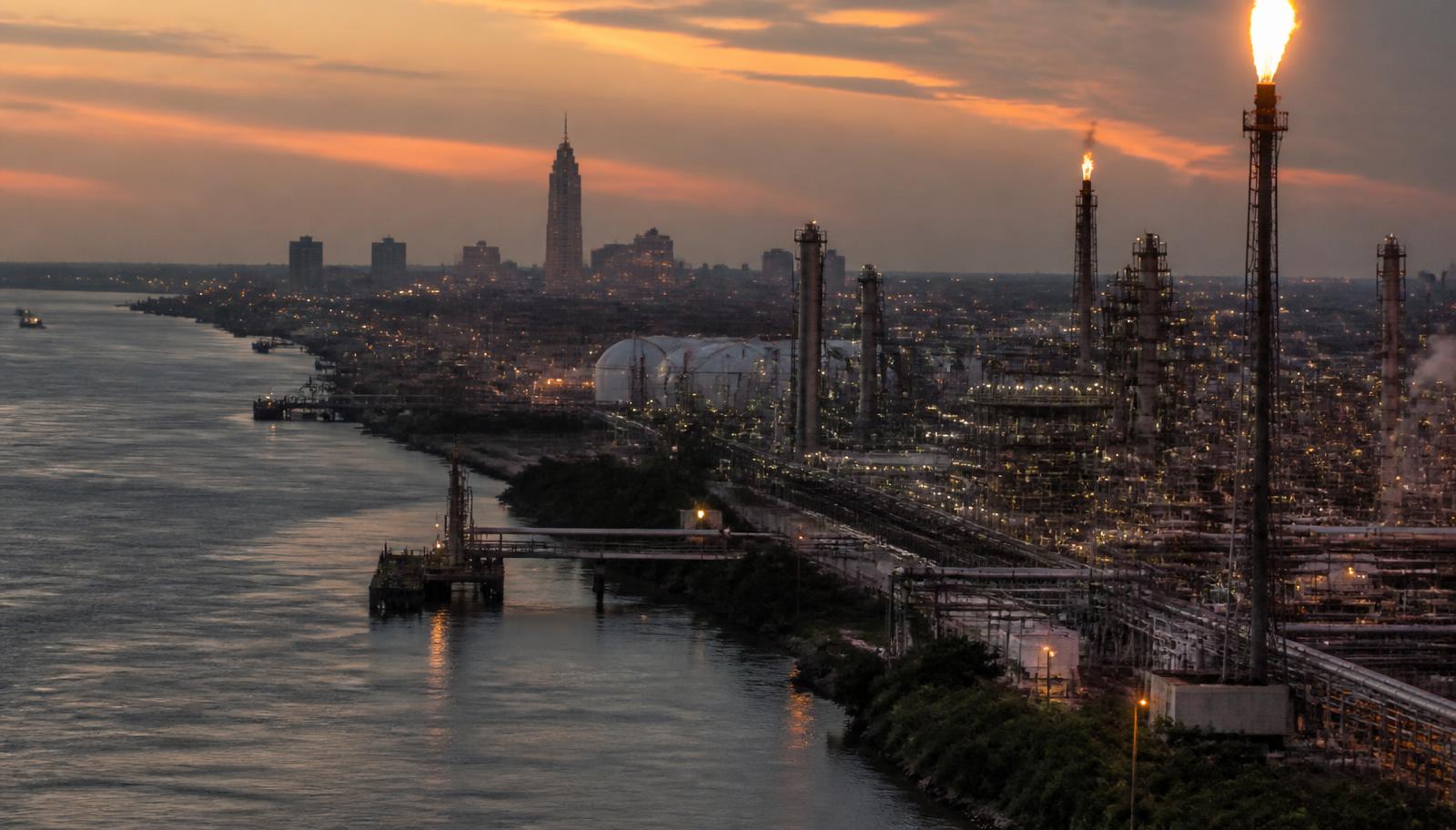 Baton Rouge Louisiana petrochemical manufacturing corridor along the Mississippi River at golden hour