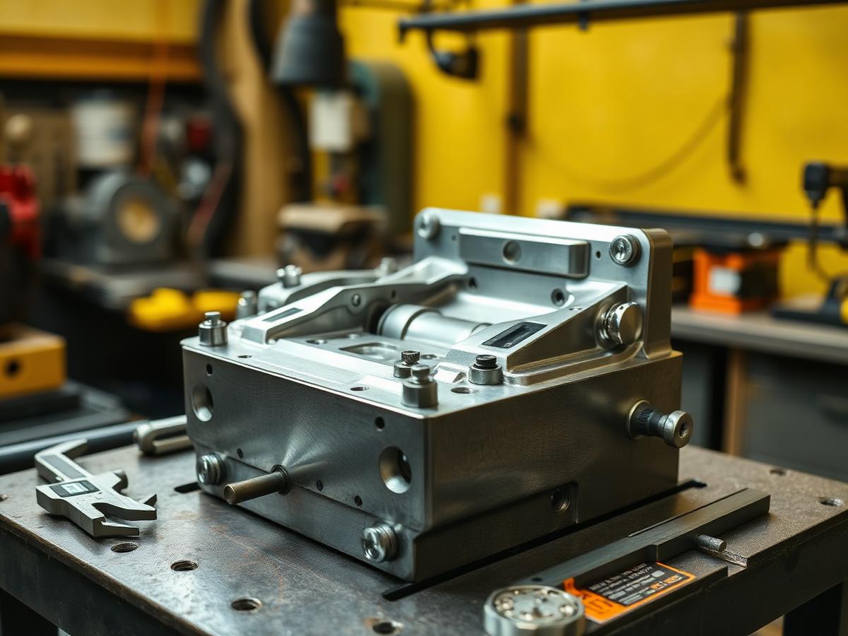 Machined steel injection mold on a workbench with calipers