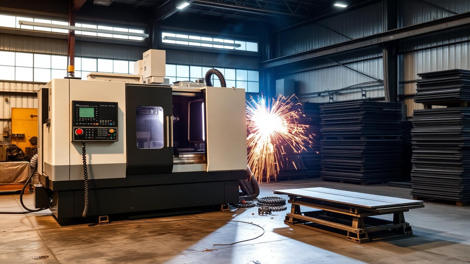 CNC machining center and welder in a US metal fabrication shop