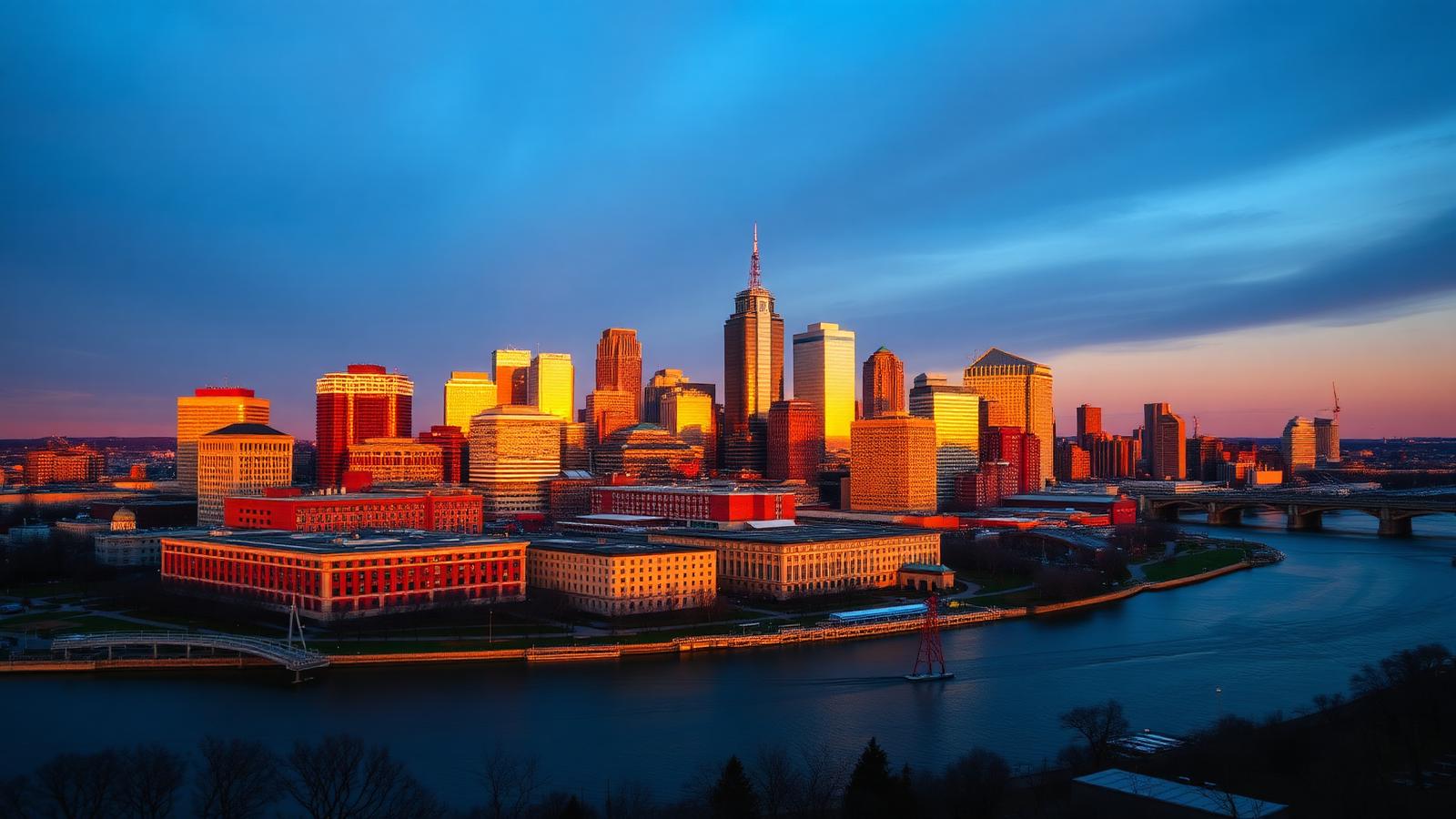 Boston Massachusetts skyline at golden hour with biotech and medical device campus