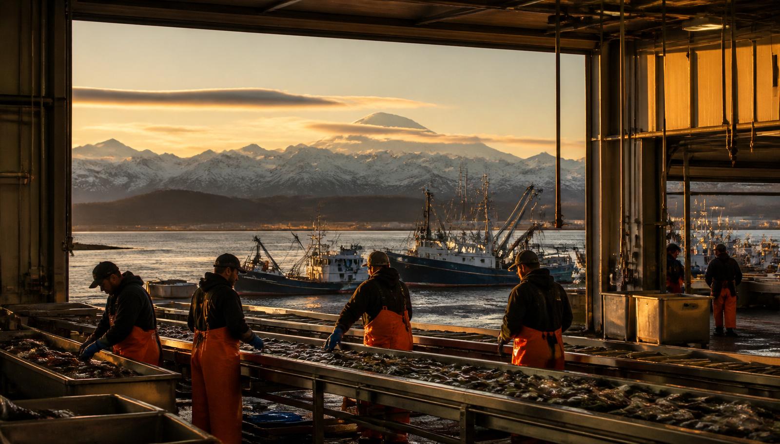 Anchorage Alaska seafood processing and industrial waterfront at golden hour