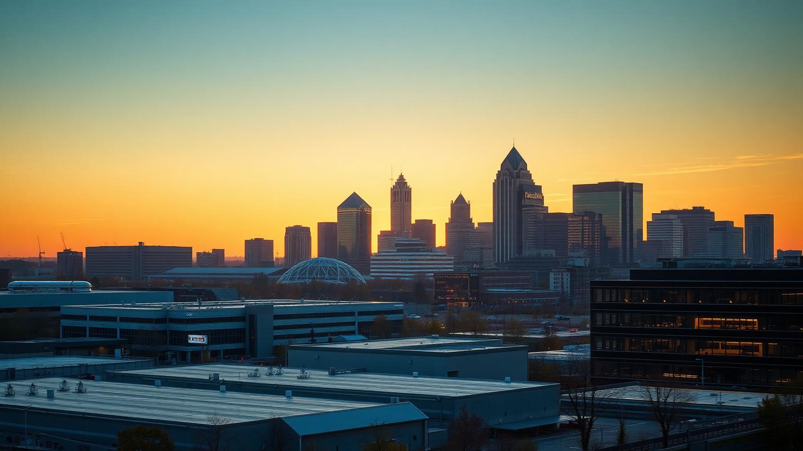 Bloomington, Indiana manufacturing corridor at golden hour