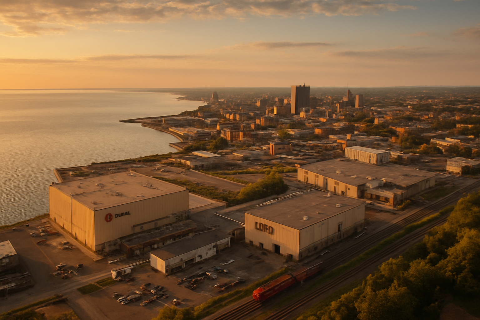 Erie Pennsylvania manufacturing corridor at golden hour
