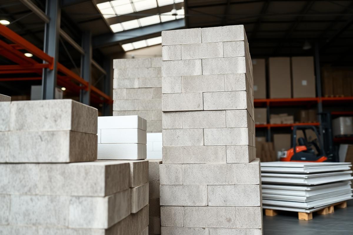 Stacked concrete masonry blocks and gypsum drywall panels in a building products warehouse