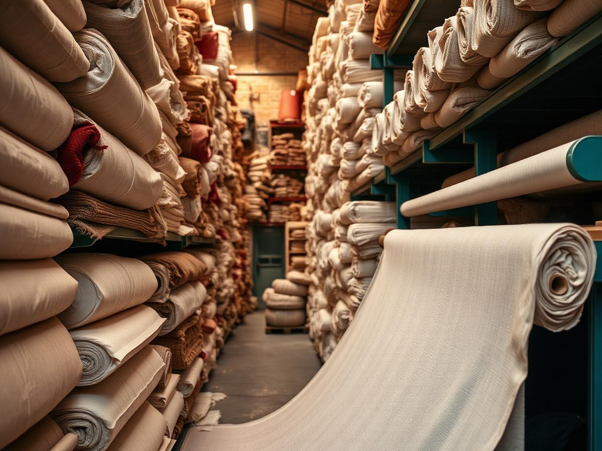 Large fabric rolls stacked on shelves in a textile warehouse