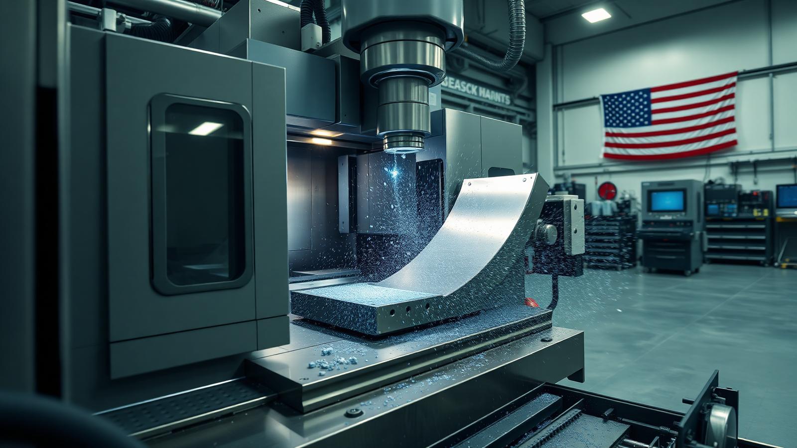 5-axis CNC machining an aerospace aluminum bracket with a US flag in the background