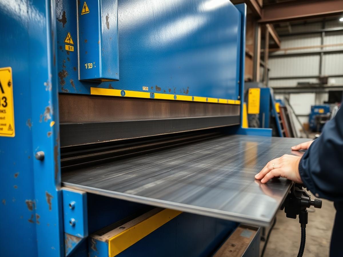 Press brake bending a steel sheet on a fabrication shop floor