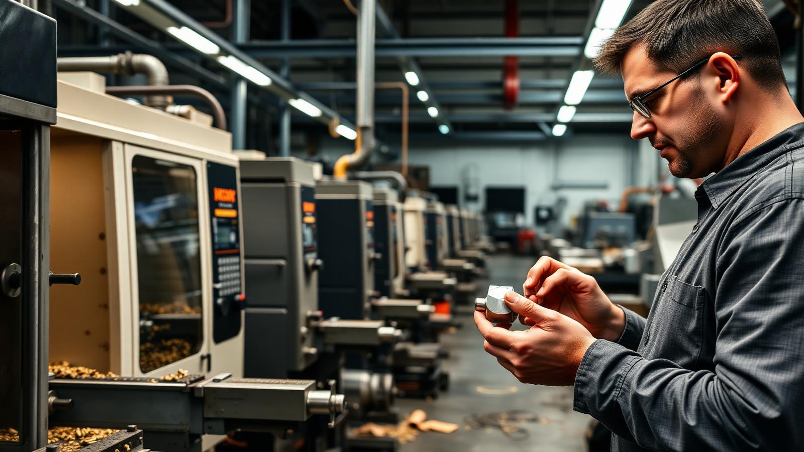 US precision machine shop with rows of CNC mills and a machinist inspecting a metal part