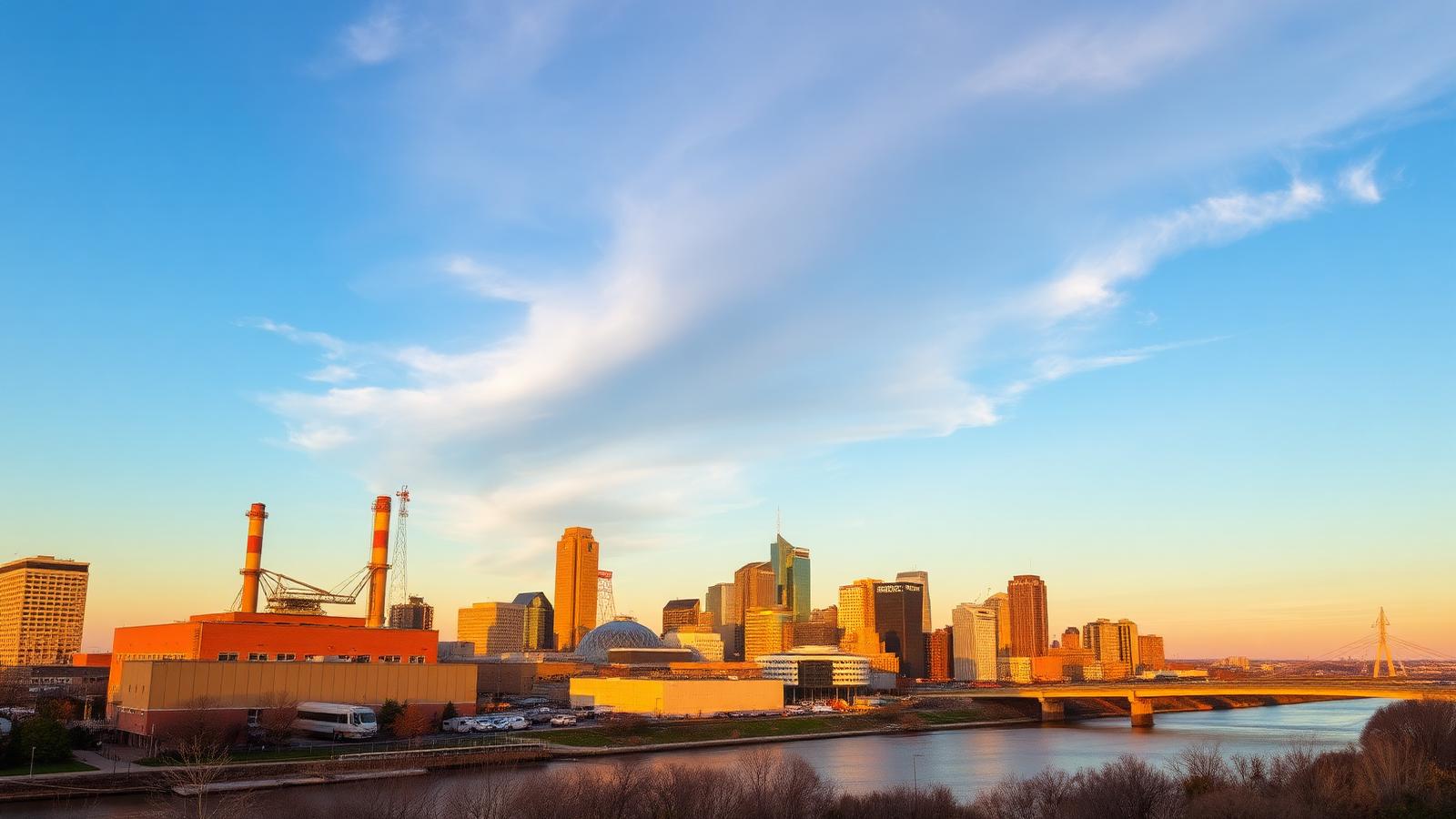 Louisville Kentucky skyline along the Ohio River with an appliance manufacturing plant at sunset