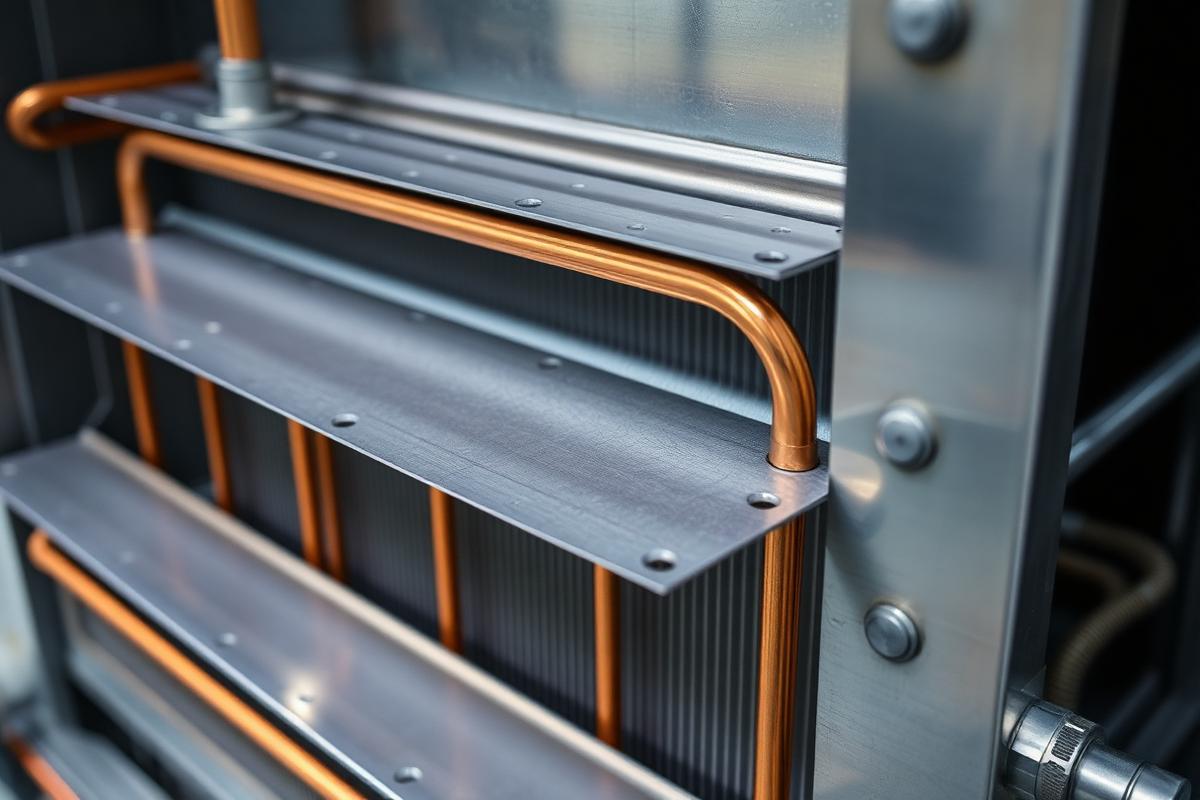 Copper coils and sheet metal assembled into an HVAC condenser unit