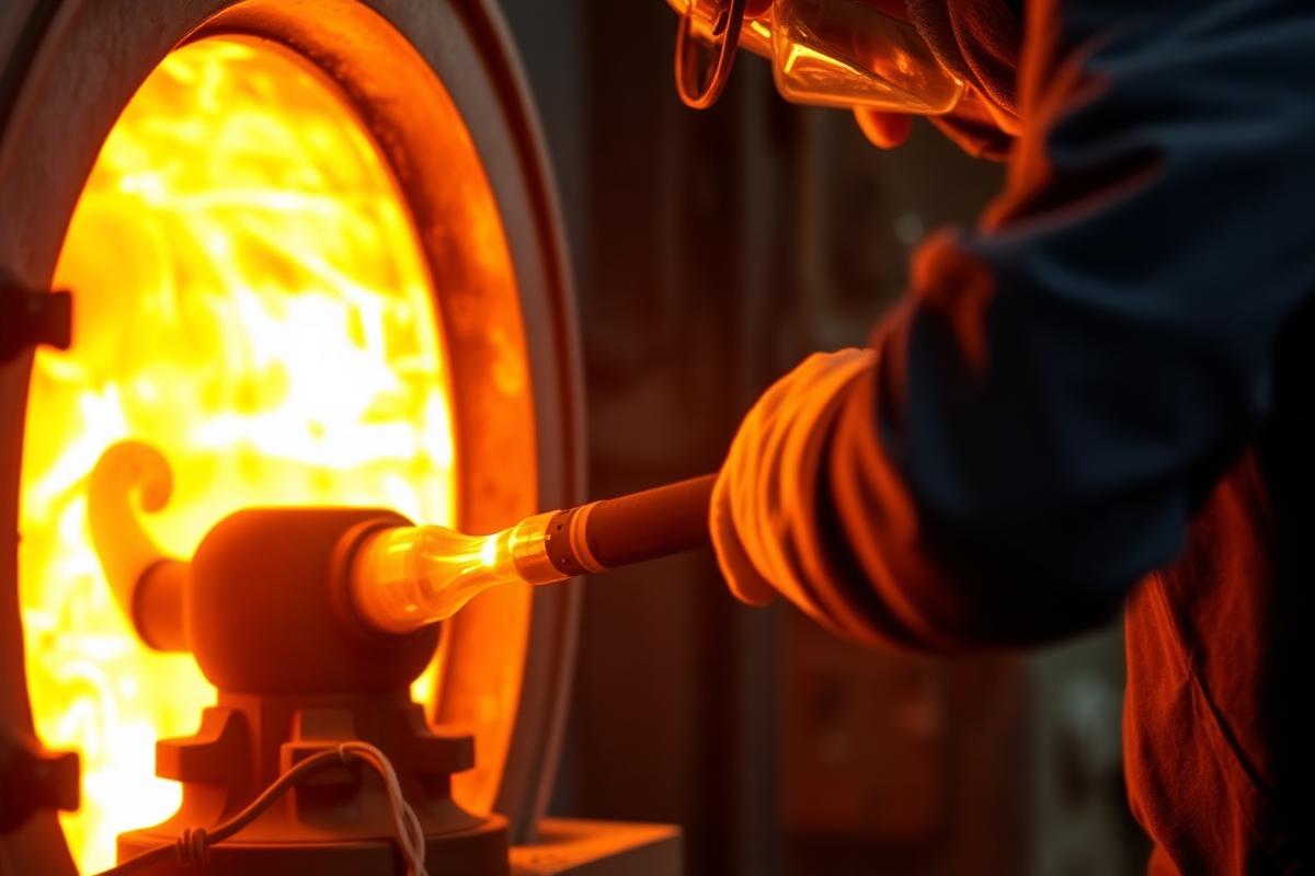 Glassblower shaping molten glass at a furnace with orange glow