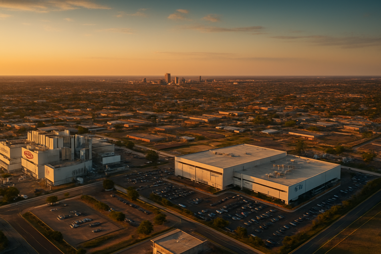 Lubbock Texas manufacturing corridor at golden hour