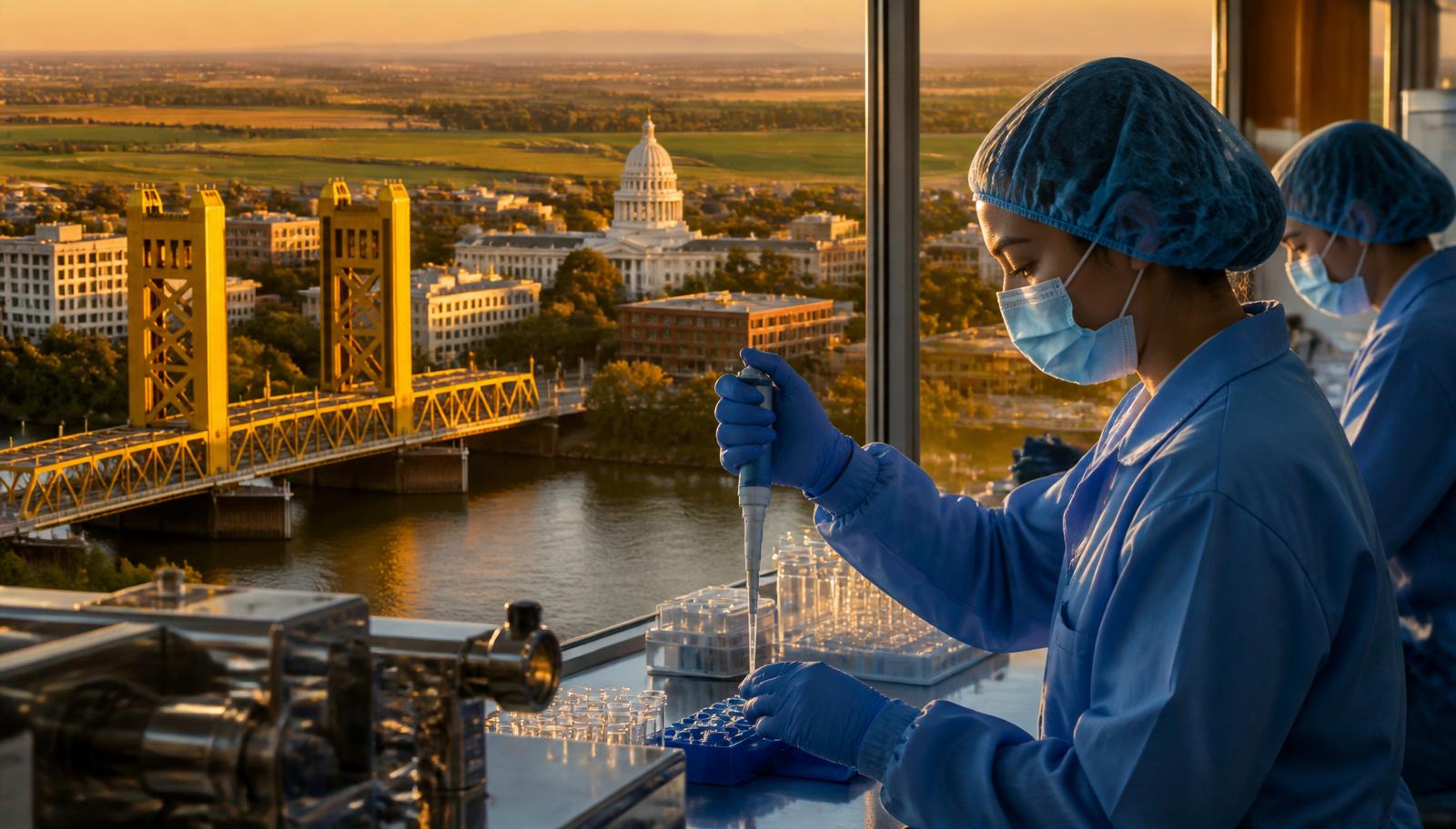 Sacramento California medical device and food processing corridor at golden hour