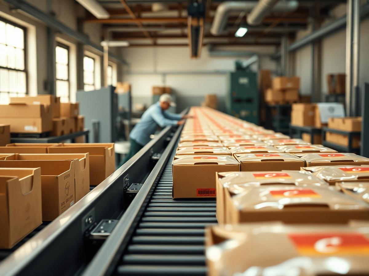 Packaged food products moving down a conveyor into shipping cases