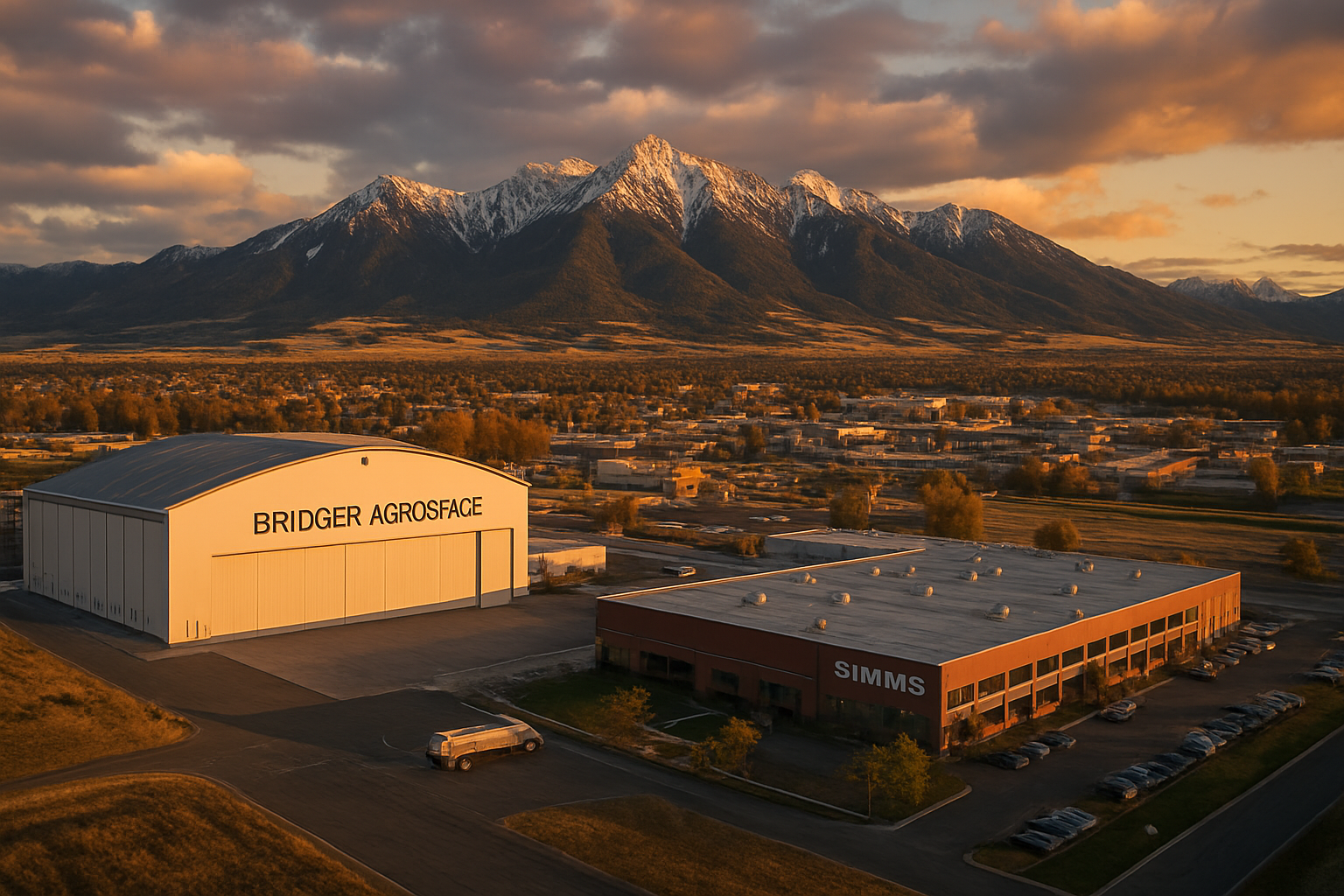 Bozeman Montana manufacturing corridor at golden hour