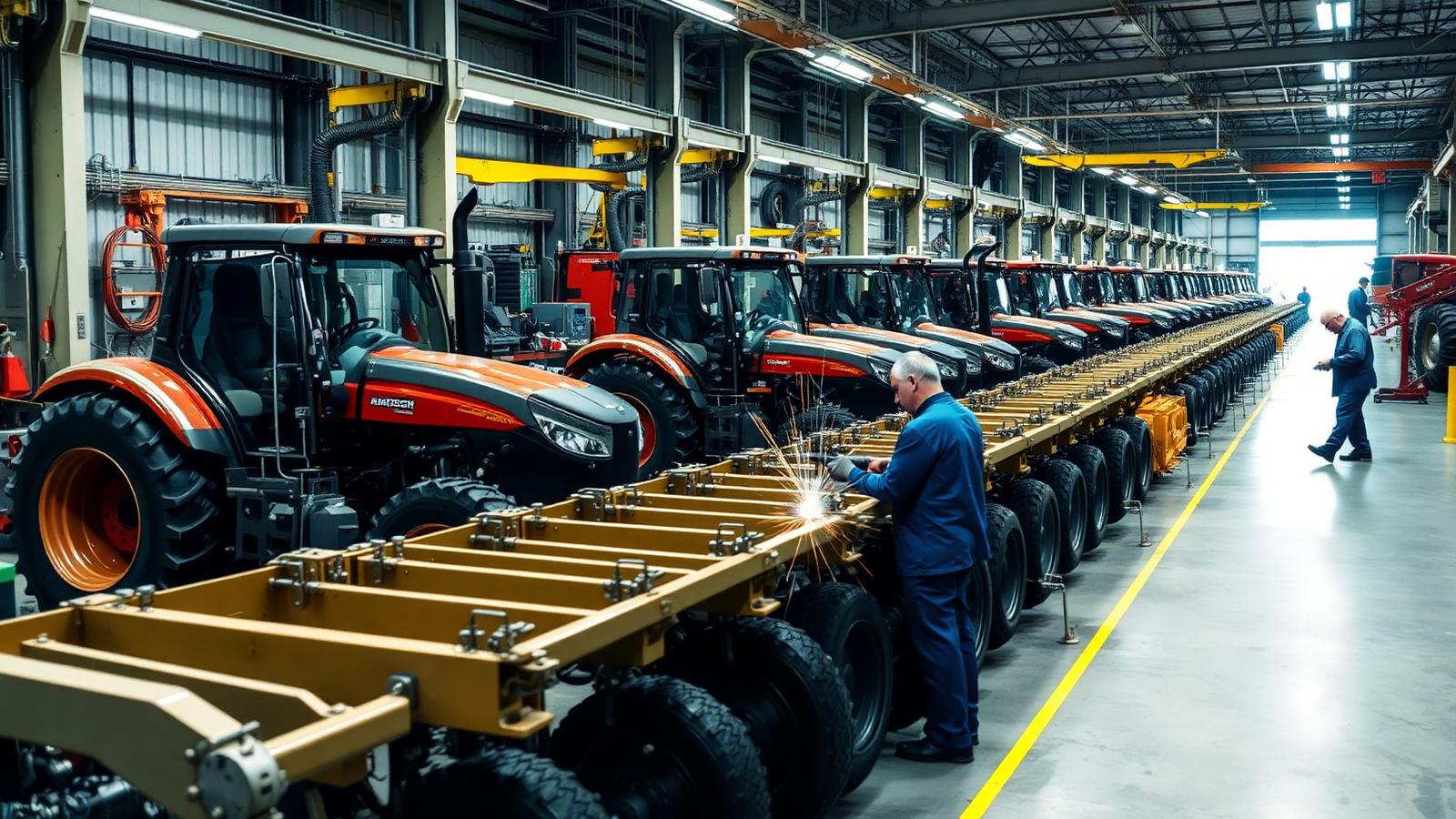 US agricultural equipment plant assembling tractors and implements on a line