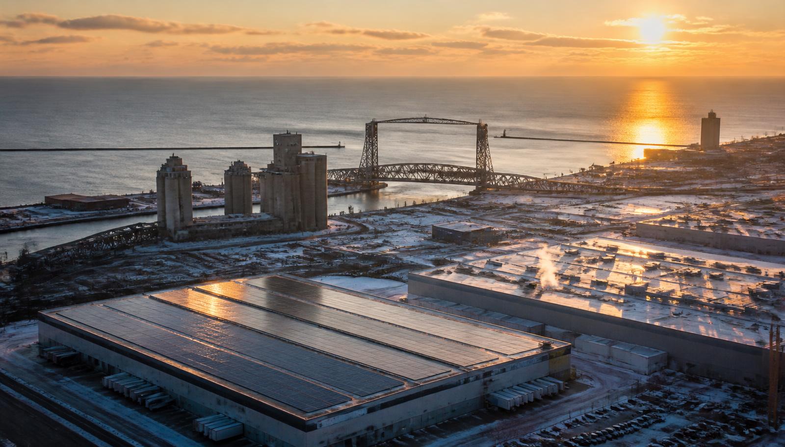 Buffalo New York industrial corridor along Lake Erie at golden hour