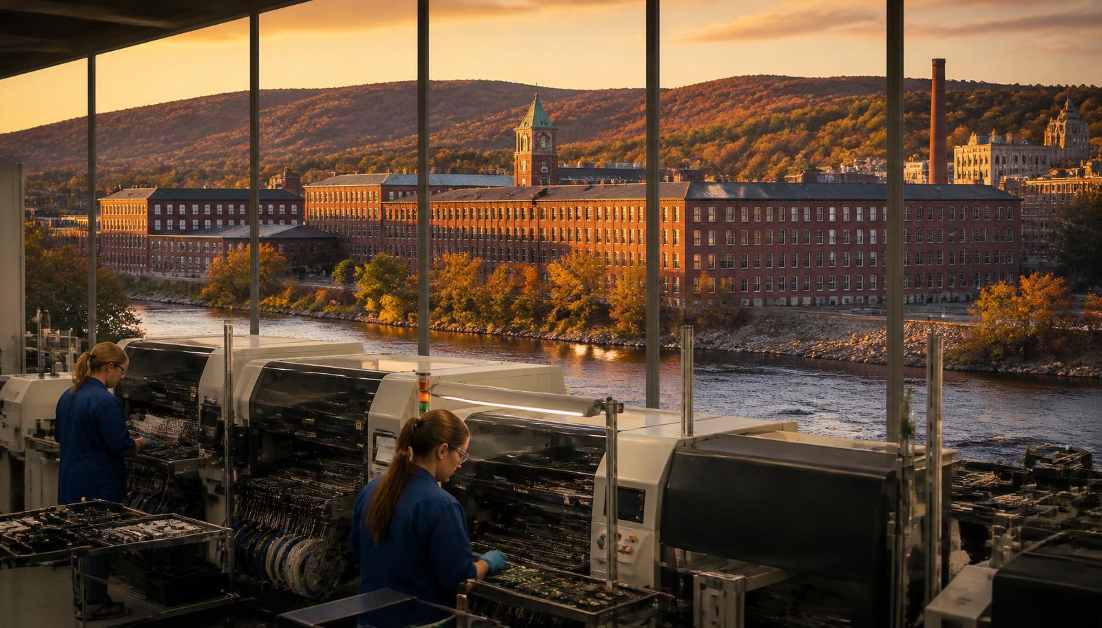 Keene, New Hampshire manufacturing corridor at golden hour