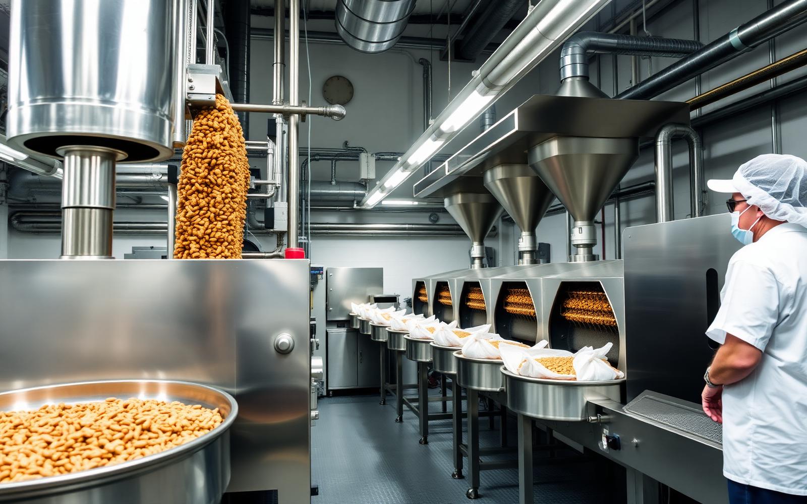 Extrusion line producing kibble at a pet food manufacturing plant