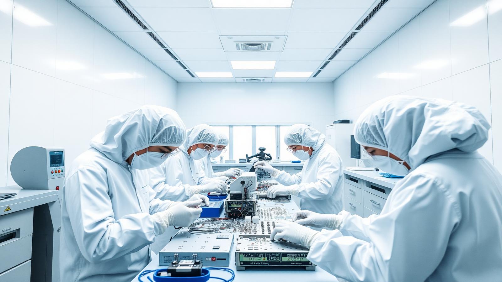 Cleanroom technicians in bunny suits assembling devices in a US medical device manufacturing facility