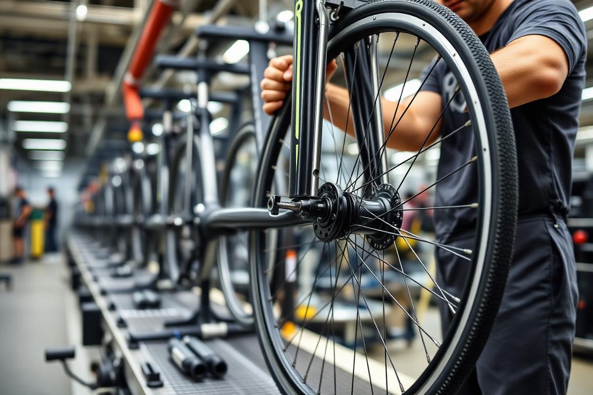 Worker assembling a bicycle wheel and fitness equipment components on a production line