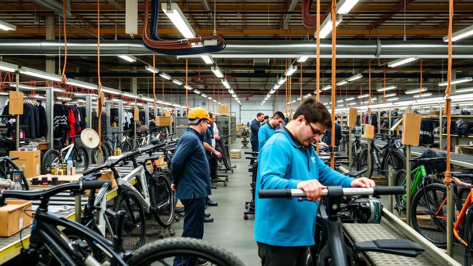 US sporting goods factory assembling fitness equipment and bicycles on production lines