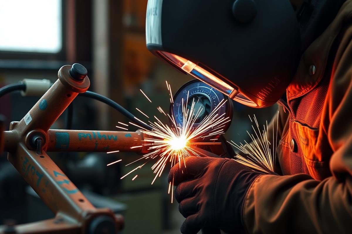 Welder fabricating a tractor implement frame with sparks