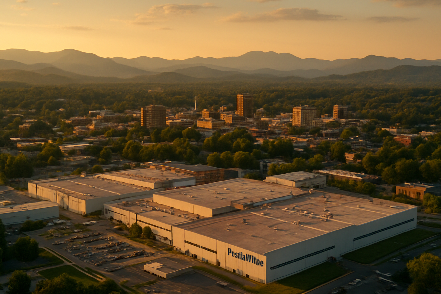 Asheville North Carolina manufacturing corridor at golden hour