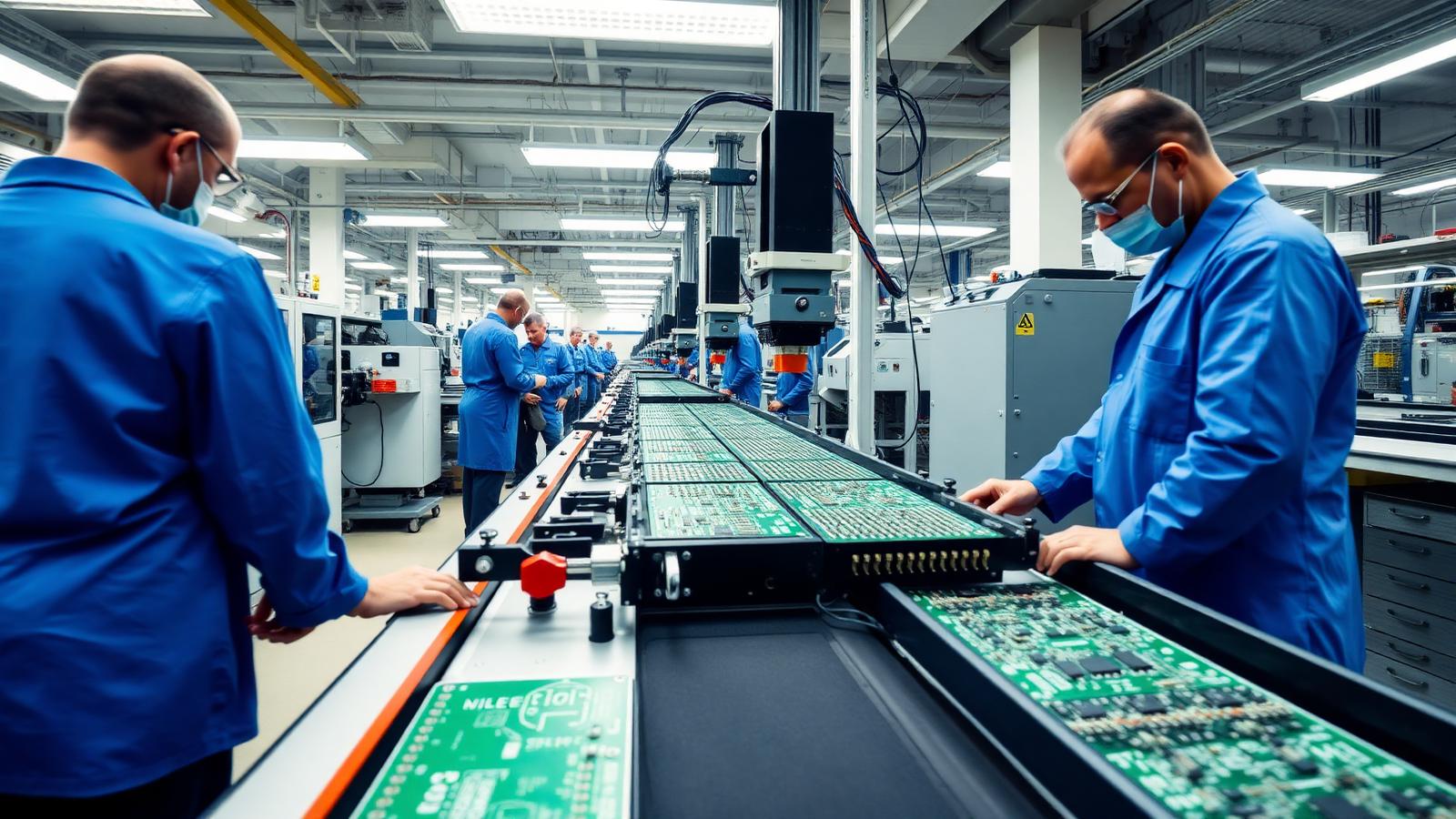 SMT PCB assembly line with ESD-smocked technicians in a US electronics manufacturing plant